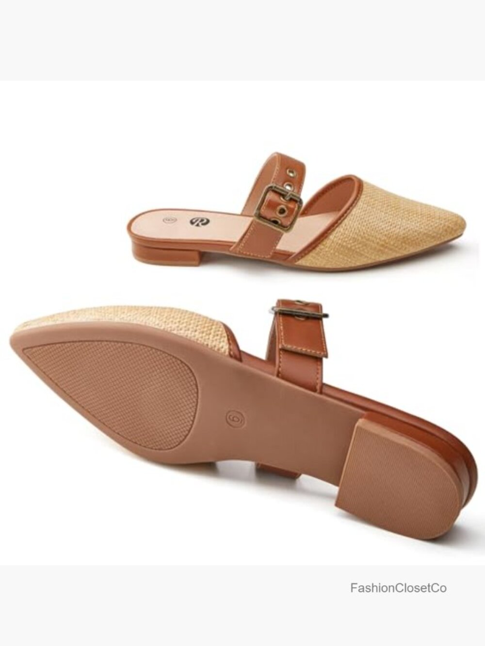 Natural Raffia Woven Pointed Toe Mule Flats with Adjustable Buckle - Picture 4 of 7